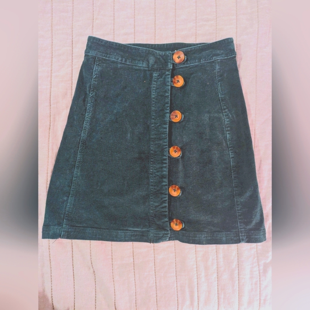 Green Corduroy Button-front Mini Skirt
